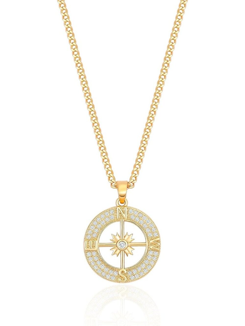 Women Compass Gold Plated Baroque Pearl Compass Chain Link Pendant Necklace
